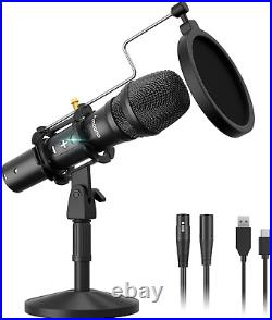 USB/XLR Podcast Dynamic Microphone, Studio Mic Kit with Volume Control, Shock Mo